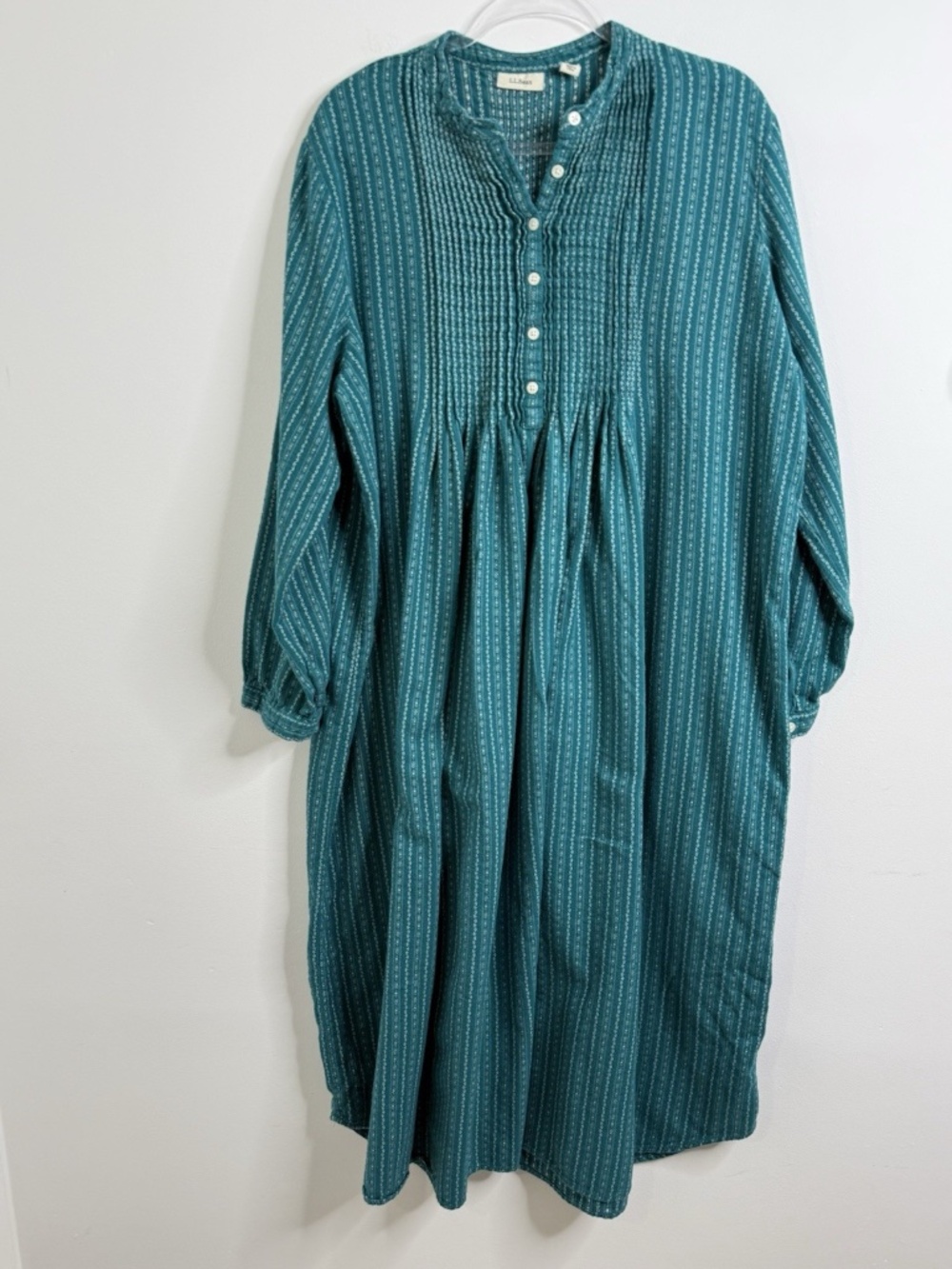 Vtg LL Bean Teal Green Dobby Flannel Nightgown Cottagecore Prairie Women's Sz L
